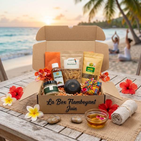 Box Essentiel Naturel Été - kairosea Box juin Kairosea posée sur fond plage yoga tropical, seamoss et soins naturels été