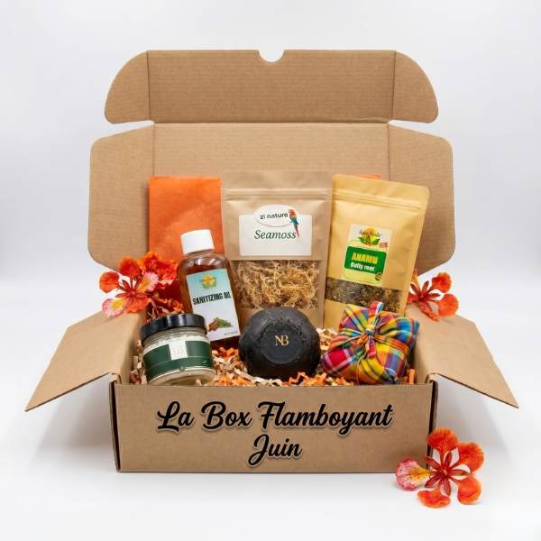 Box Mensuelle Juin Flamboyant - kairosea Box mensuelle Juin KAirosea - 5 produits naturels caribéens fond blanc