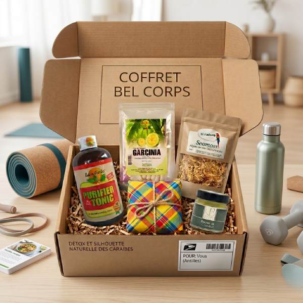 Coffret Bel Corp - Détox & Silhouette - Kairosea.fr Coffret Bel corps - préparer son corps à l'été- salle de yoga bien-être dans une boite d'envoi carto- fond blanc kairosea