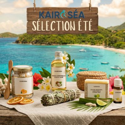 Sélection été montrant les produits de l'été : huile, savon, sérum, senteur kairosea